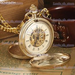 Other Watches Luxury Gold Steel Carving Mechanical Pocket 2 Sides Open Case Roman Number Dial Steampunk Analogue Hand Winding Pocket T240329