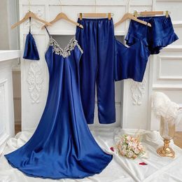 Home Clothing Satin Pyjamas Suit Lace Four Pieces Sets Women Outfits Patchwork Nightgown&Sling&Shorts&Pants Summer Clothes Lounge Wear