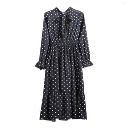 Casual Dresses Vinatge Flower Polka Dot Plaid Print Women Long Dress Eleagnce Sleveve Bow Lace Up High Waist Slim Vestidos