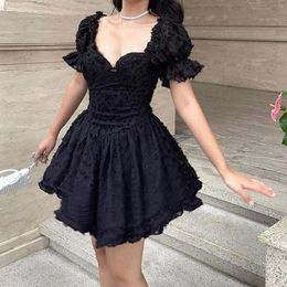 Casual Dresses Fashion Summer 2024 Sexy V Neck Bubble Sleeves Off Shoulder Dress High Slim Waist Large Swing