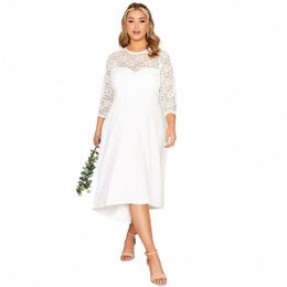 plus Size 3/4 Lace Sleeve Spring Autumn Elegant Party Dr Women White Flt Flare Midi Dr Large Size Night Out Wedding Dr v6q8#