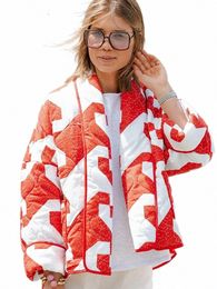 new Red White Print Cott Coat For Women Lapel Thicken Wram Short Cardigan Jacket 2023 Winter Female Fi Vacati Outwears z0XM#