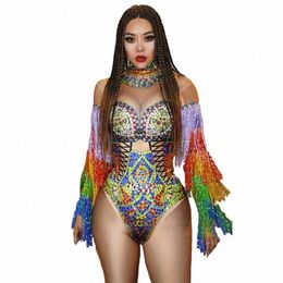 multi-color Rhinestes Tassel Sleeve Bodysuit Women Singer Bar Sexy Dance Costume Club Party Crystals Fringe Leotard Stage Wear A7kw#