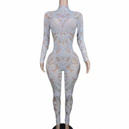 sparkly Beaded Full Pearl Luxury Women Jumpsuits Wedding Party Birthday Queen Stage Performance Wear White Dance Costume g4OB#