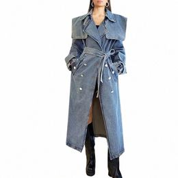 fi Trench Belt Waist Loose Jean Coats Autumn and Winter Denim Coat for Women Turn Down Collar Feminina Blue Jacket Woman v4AA#