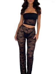 Women Sexy 2 Piece Lace Pants Set Y2K See Through Tube Crop Top Sheer Mesh Floral Flare Slim Matching Suit