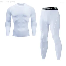 Men's Tracksuits White Gym Set Long Sleeve T-Shirt Leggings 2 In 1 Compression Sports Second Layer Quick Dry Workout Rashguard Men