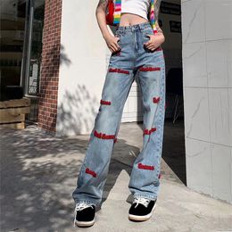 Women's Jeans Pants Womens Vintage Alphabet Embroidered Printed Cool Panties With Pockets High Waisted Straight Trousers For Women