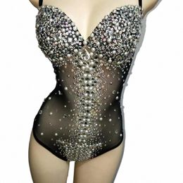 sexy V Neck Perspective Mesh Striped Crystals Bodysuit Women Singer Stage Performance Costume Luxurious Gemstes Pearls Dr N9OI#