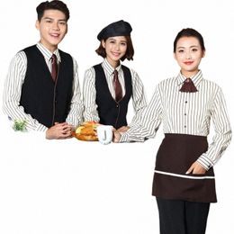 western Cafe Shop Waiter Overalls Men and Women Lg Sleeve Striped Shirt+Apr+Tie Set Fast Food Restaurant Uniform Clothing c70P#