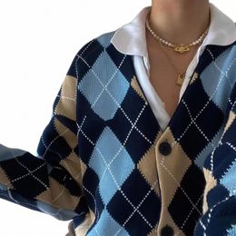 y2k Women Fi Colour Block Loose Sweaters Autumn Winter Adults Butt-down Argyle Print Lg Sleeve V-neck Cardigans 34I7#