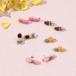 Stud Earrings Korean Exaggerated Cartoon Cute Mermaid Coloured Swimming Figurinepersonalized Creativity Resin Handmade For Women Gifts