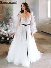 Romantic Sweetheart Black Belt A-Line Wedding Dresses Long Sleeve 3D Flowers Feathers Bridal Gowns