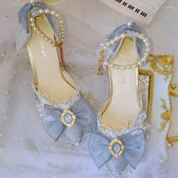 Dress Shoes Cute Girls Tea Party Anime Cosplay Wedding Women Lolita Bowknot Lace Point Toe High Heels 7cm Kawaii Cos