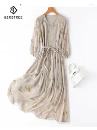 Casual Dresses BirdTree Real Silk Elegant Dress For Women Lantern Sleeve Printed Temperament Office Lady 2024 Summer D42834QC