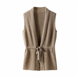 temperament 100% Merino Wool V-Neck Tie Vest Vest Women's Short Knit Cardigan Coat Sweater 2022 Spring and Autumn Fi Jacket l5m5#