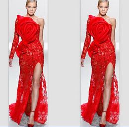 Evening Gowns One Shoulder Single Sleeve Red Lace Big Bow Applique Front Split Customise Prom Celebrity Dresses3044429