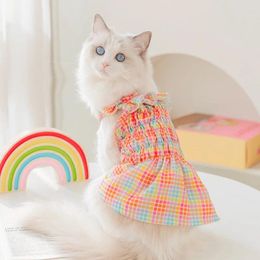 Dog Apparel Fashion Dress For Small Dogs Cute Bow Plaid Skirt Summer Puppy Sling Soft Cat Princess Pet Clothes