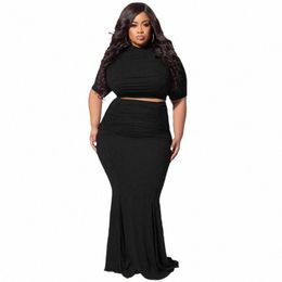 wsfec Plus Size Women Clothing Two Piece Sets 2023 Spring Summer Outfits Bodyc Short Sleeve Pleated Sexy Skirt Suits Wholesale l1U3#