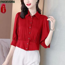 S-3XL Short Crop Tops Blouses Fashion Women Work Office Lady Solid Red Black Green Ruffles Belly Peplum Top Basic Shirts 240320