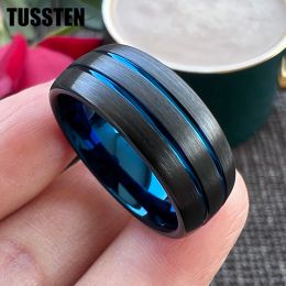 Bands Dropshipping TUSSTEN 8MM Black Blue Color Tungsten Wedding Band Two Tone Ring For Men Women Domed Grooved Comfort Fit