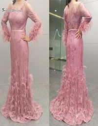 Real Pictures Noble Evening Formal Dress Lace Mermaid Long Sleeves Feather Prom Party Wear Maxi Gowns4702194