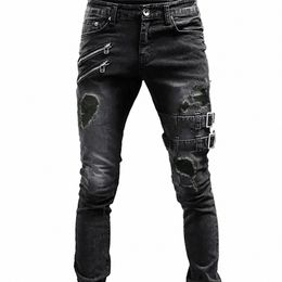 black Embroidery Jeans Men Cott Stretchy Ripped Skinny Jeans High Quality Hip Hop Black Hole Slim Fit Oversize Denim Pants W0m5#