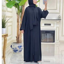 Ethnic Clothing Ramadan Hooded Abaya With Hijab Attached Lace Scarf Zipper Front Abayas For Women Dubai Muslim Jilbab Prayer Dress Islam