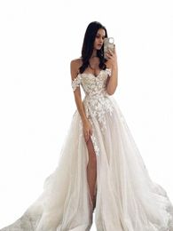 romantic A Line Side Slit Boho Wedding Dr Off The Shoulder Bridal Gown Lace up Appliques Backl Beach vestidos de novia 61dv#