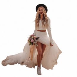romantic Two-Piece Bohemian Jersey Wedding Dr Lg Sleeves Dropped Waistline Ruffled Tulle Exquisite Casual Bridal Dr K95a#