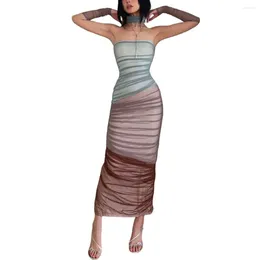 Casual Dresses JAMERARY Patchwork Mesh Tulle Bandage Bodycon Sexy Backless Slash Neck Long Maxi Dress Women