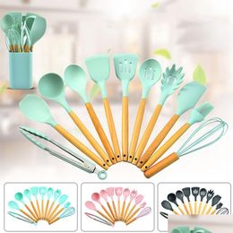 Cooking Utensils 12Pcs Sile Kitchenware Non-Stick Cookware Kitchen Set Spata Shovel Egg Beaters Wooden Handle Tool Drop Delivery Home Otw1G