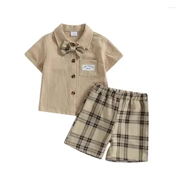 Clothing Sets 2024 Summer Kids Baby Boys Shorts Set Fashio Short Sleeve Turn-down Collar Shirt With Plaid And Bowtie 3Pcs Suit