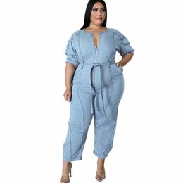 qfaf Plus Size Women Zipper Fly with Pocket Short Sleeve High Waist Romper Jeans 2022 Summer Street Chic Basic Denim Jumpsuit y7Wt#