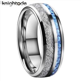 Anéis de casamento 8mm anéis de carboneto de tungstênio meteorito branco/azul fibra de carbono incrustação para homens mulheres moda casamento banda cúpula polido conforto ajuste 24329