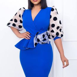 Womens Patchwork Polka Dot Print Puff Sleeve Pencil Ol Tongle Plus Size Dress