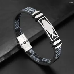 Bangle Classic Vintage Men Simple Checkerboard Leather Bracelet Open Quick-Break Stainless Steel Buckle For Men's Gift