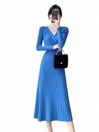 elegant And Pretty Women's Dres Autumn Female Clothing Blue Lg Sleeve Sweater Knitted Dr Korean Evening Party Dres R6M6#