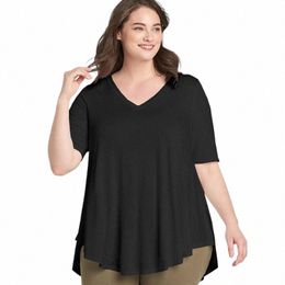 plus Size V-neck Summer Casual Hi Low Tunic Tops Women Short Sleeve Solid Black Loose Fit Flare Basic Swing Blouse And Top 7XL C9yY#