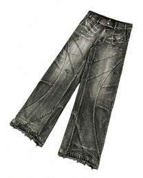 y2k Destroyed Stitching Jeans Men's Black Wed Jeans Gothic Style Street Trend Clothing Retro Loose Wide Leg Pants Fall Guys G6J4#