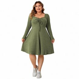 3xl 4XL V-neck Sexy Autumn Plus Size Women Clothing Solid Green Winter Knee-length Dr Square Collar Lg Sleeve Sweater Dr 98AG#