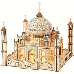 3D Wooden Puzzle Adults, T Mahal Wood Model with Led Light, Self-assembly Mechanical Building Kit Handicraft Brain Teaser Game Hobbies Toy, Birthday Gift for