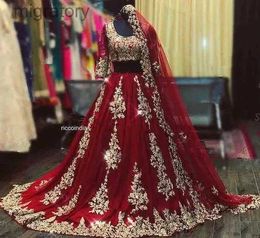 Urban Sexy Dresses Indian Arabic burgundy Wedding With cape veil Two Piece gold lace Muslim Half Sleeve Blue Dubai Bride Gown yq240329