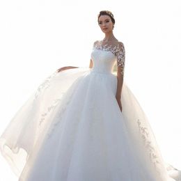 sexy Elegant Fluffy Wedding Dres Bridal Gown Round Neck Lg Sleeves Vestidos De Novia Beautiful Bridal Dres Lace Applique G498#