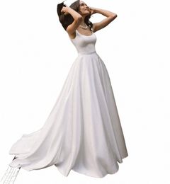 elegant Wedding Dr Spaghetti Strap A-Line Floor Length Backl Sweep Train Customize To Measures Bridal Gowns Satin Ivory P7oQ#