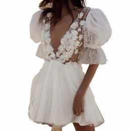 short Wedding Dres Plunging V-Neck Half Sleeves Pearls Frs Mini Bride Dres Sexy Backl Illusi Formal Wedding Gowns X3ia#