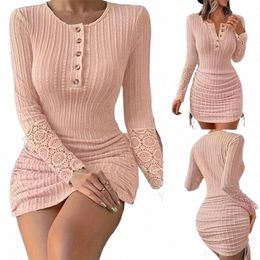 fi Lg Sleeve Knitted Bodyc Lace Mini Dr Women 2023 Autumn Winter Butts Sexy Club Hip Wrap Dres For Women U5T3#