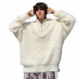 men's Y2K Zip Up Knit Sweater Imitati Mink Turtleneck Sweater Knitwear Pullovers Padding Coat Korean Winter Clothes Streetwear K3Xf#