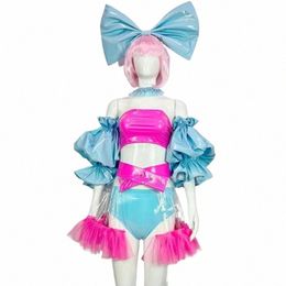 animati Cosplay Costumes Adult Festival Nightclub Bar Stage Wear Women Dancer Bow Tie Bra Bubble Sleeve Bikini Dance Outfits J1bD#