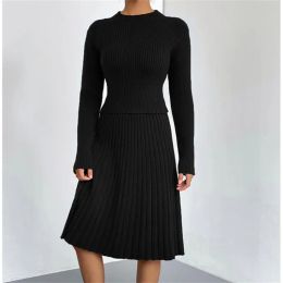 Work Dresses Solid Knitted Pleated Skirt Sets Women Two Piece Outfits Long Sleeve Slim Fit Crop Top With A-Line Skirts Matching Suit D Otu3Z